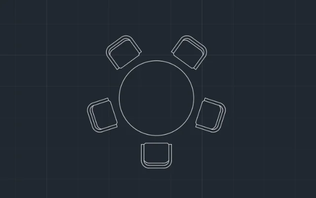 Imagen de bloque de AutoCAD de mesa redonda y cinco sillas