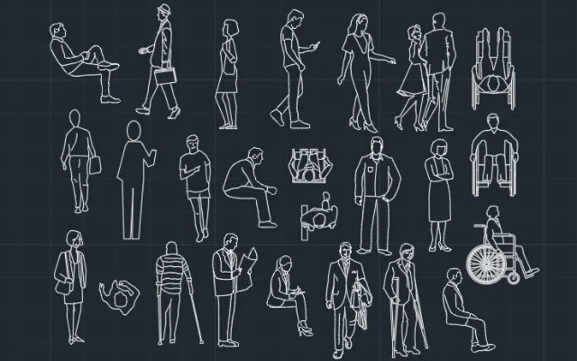 BLOQUES DE PERSONAS PARADAS, SENTADAS Y CAMINANDO PARA DISEÑAR EN AUTOCAD - Imagen destacada