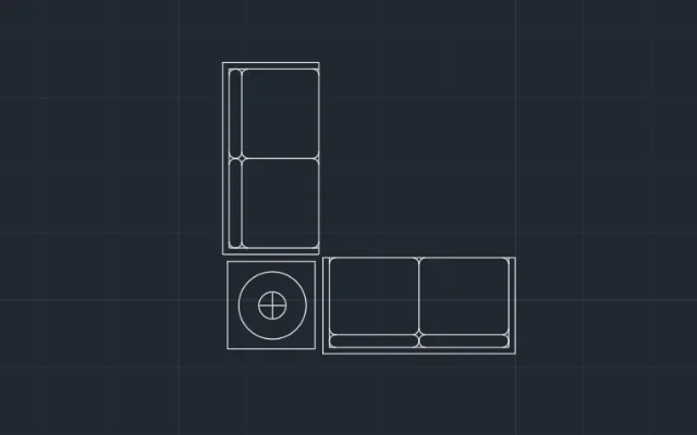Imagen de bloque de sillones y una mesa que forman una L vistos desde arriba
